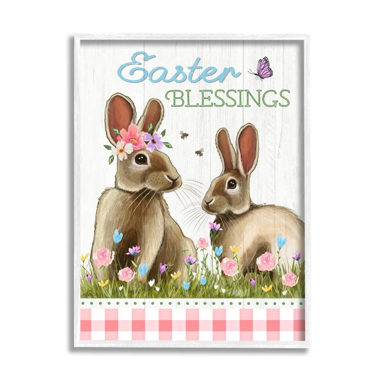 Stupell Industries Easter Blessings Gingham Spring Bunnies Framed Giclee Art